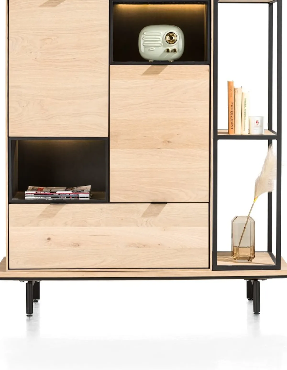 Hot XOOON Elements, Highboard Naturel 90 cm + boekenkast 30 x 120 cm + platform 130 cm met 2 metalen poten